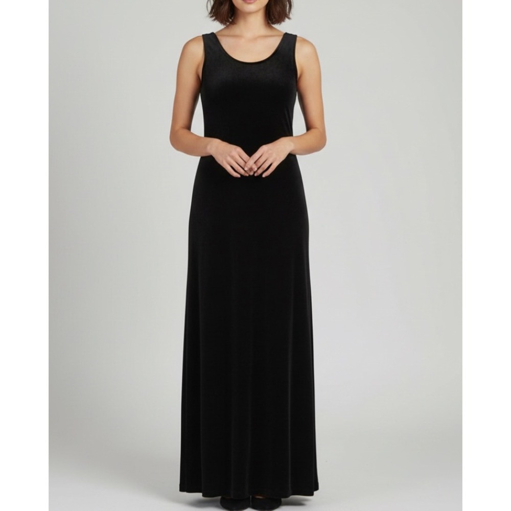 Vtg CAROL ANDERSON Black Stretch VELVET Evening Maxi Dress (8) 34"Bust Sz S